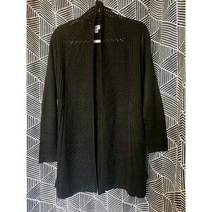 Rebecca Malone Open Weave Front Fitted Duster Cardigan Sm Petite Black Sweater